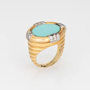 70s Turquoise Diamond Ring Vintage 18k Yellow Gold Sz 4 Pinky Estate Jewelry