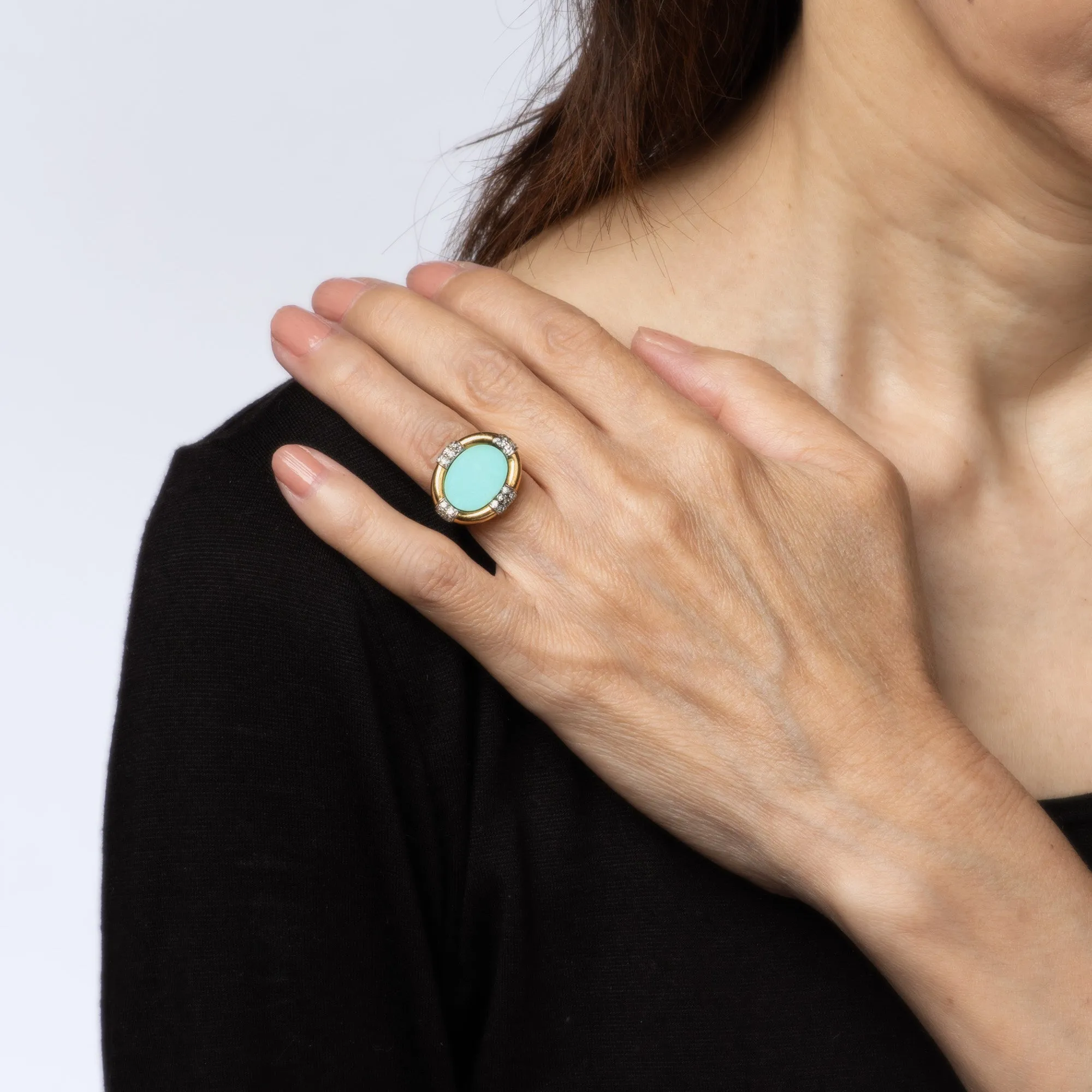 70s Turquoise Diamond Ring Vintage 18k Yellow Gold Sz 4 Pinky Estate Jewelry
