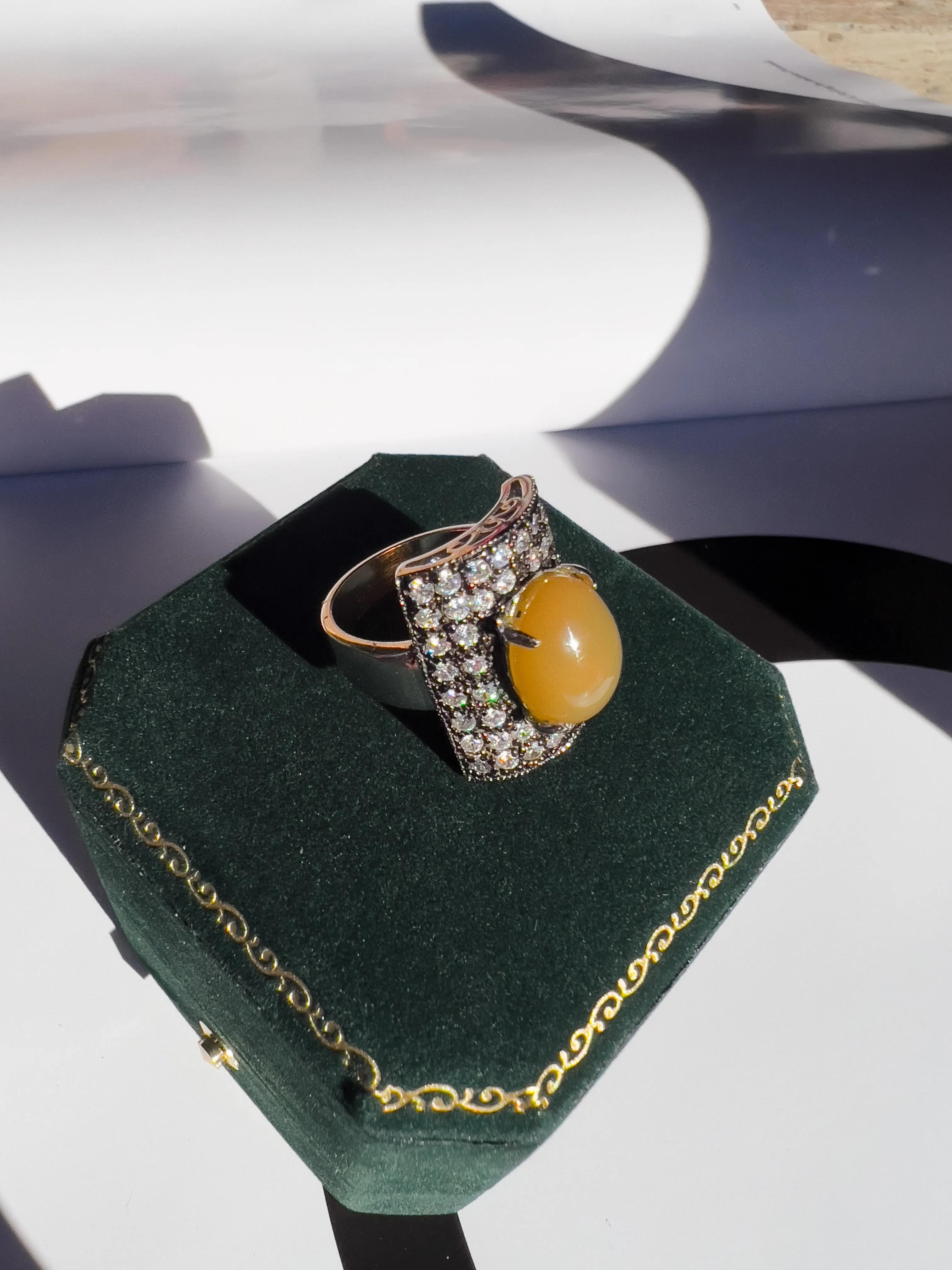 8 Carat Fire Opal Shield 18k Solid Go9ld Cocktail Ring