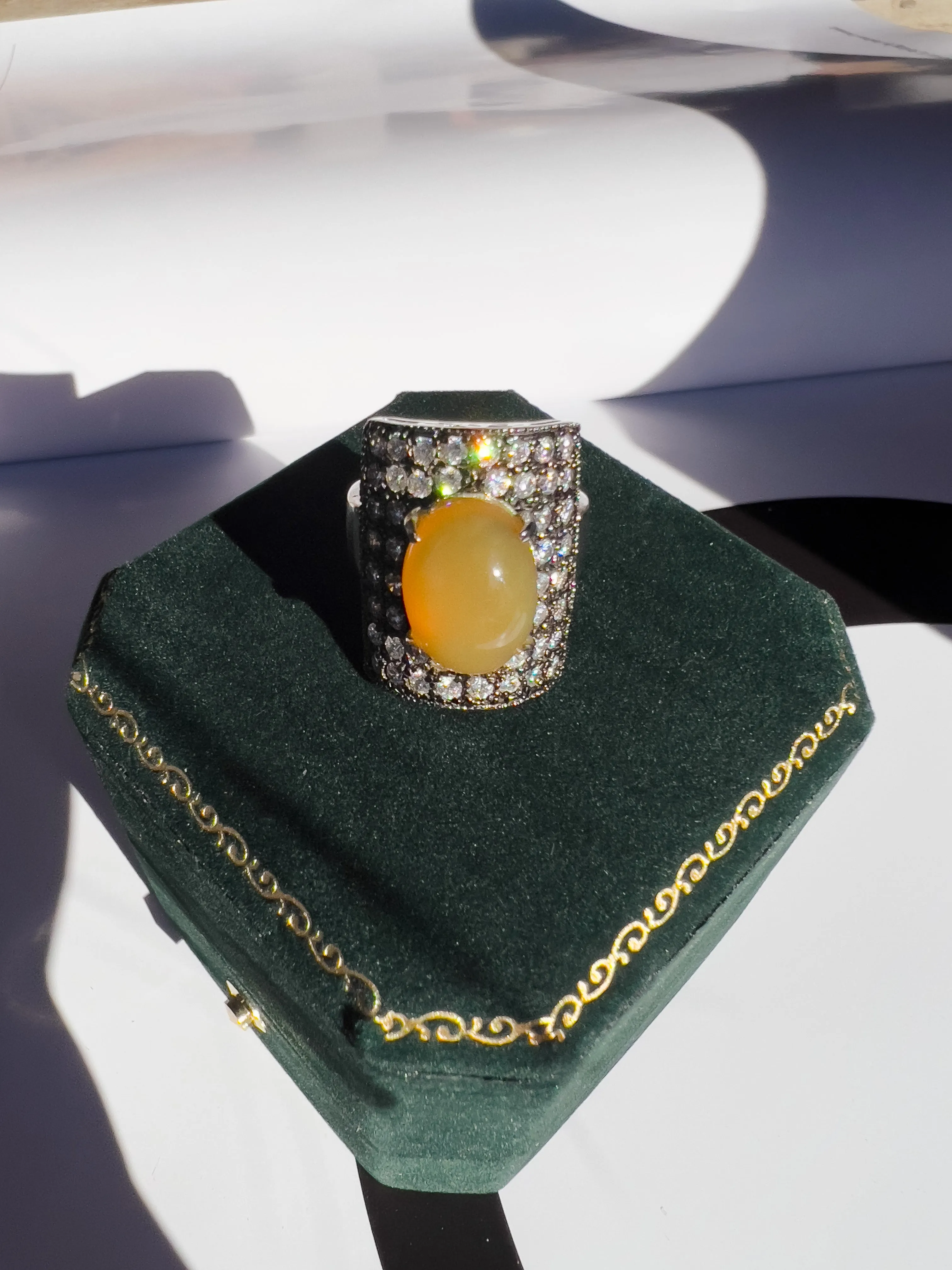 8 Carat Fire Opal Shield 18k Solid Go9ld Cocktail Ring