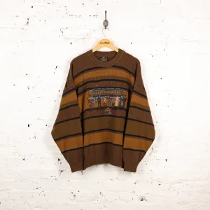 90s Striped Train Pattern Knit Jumper - Brown - XL