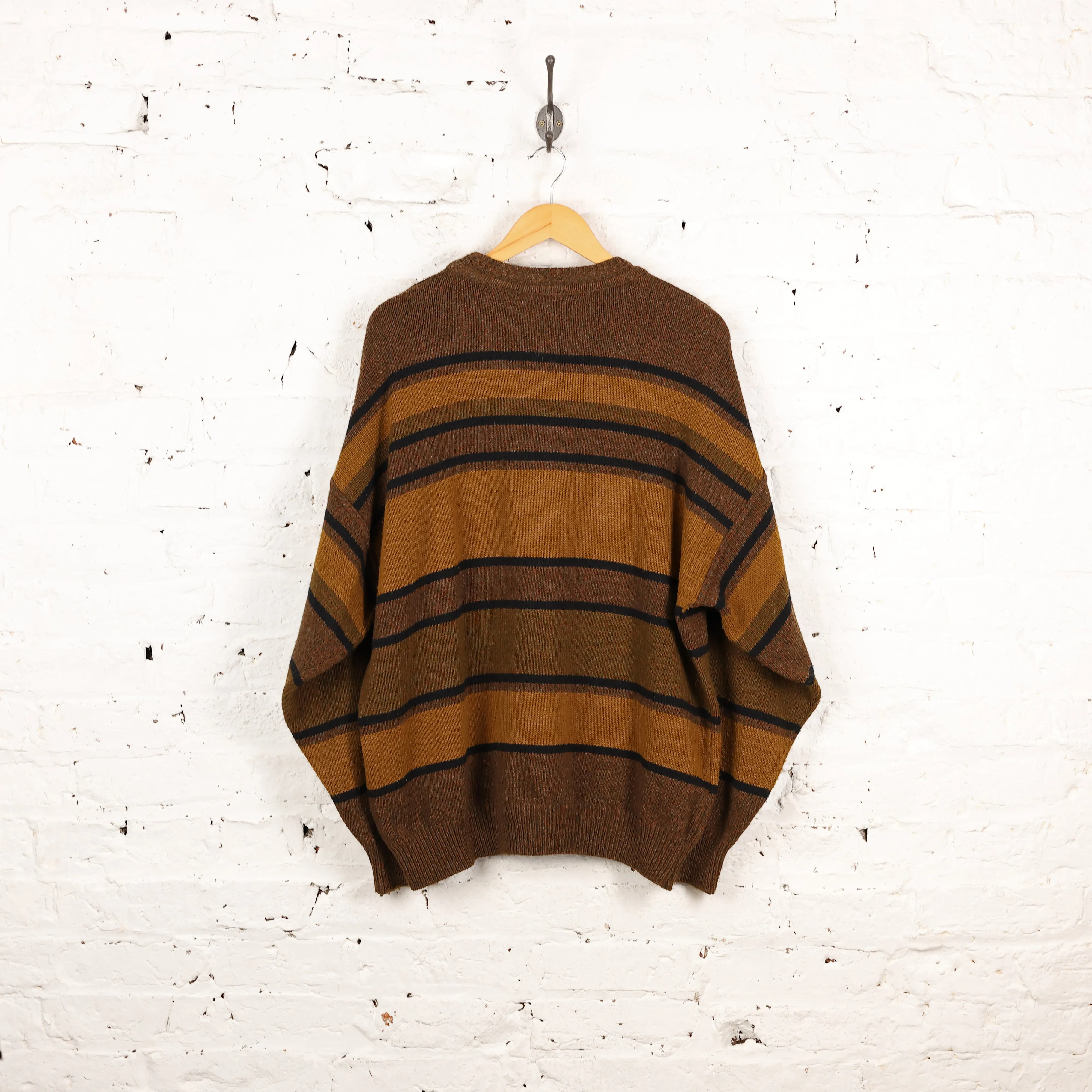 90s Striped Train Pattern Knit Jumper - Brown - XL