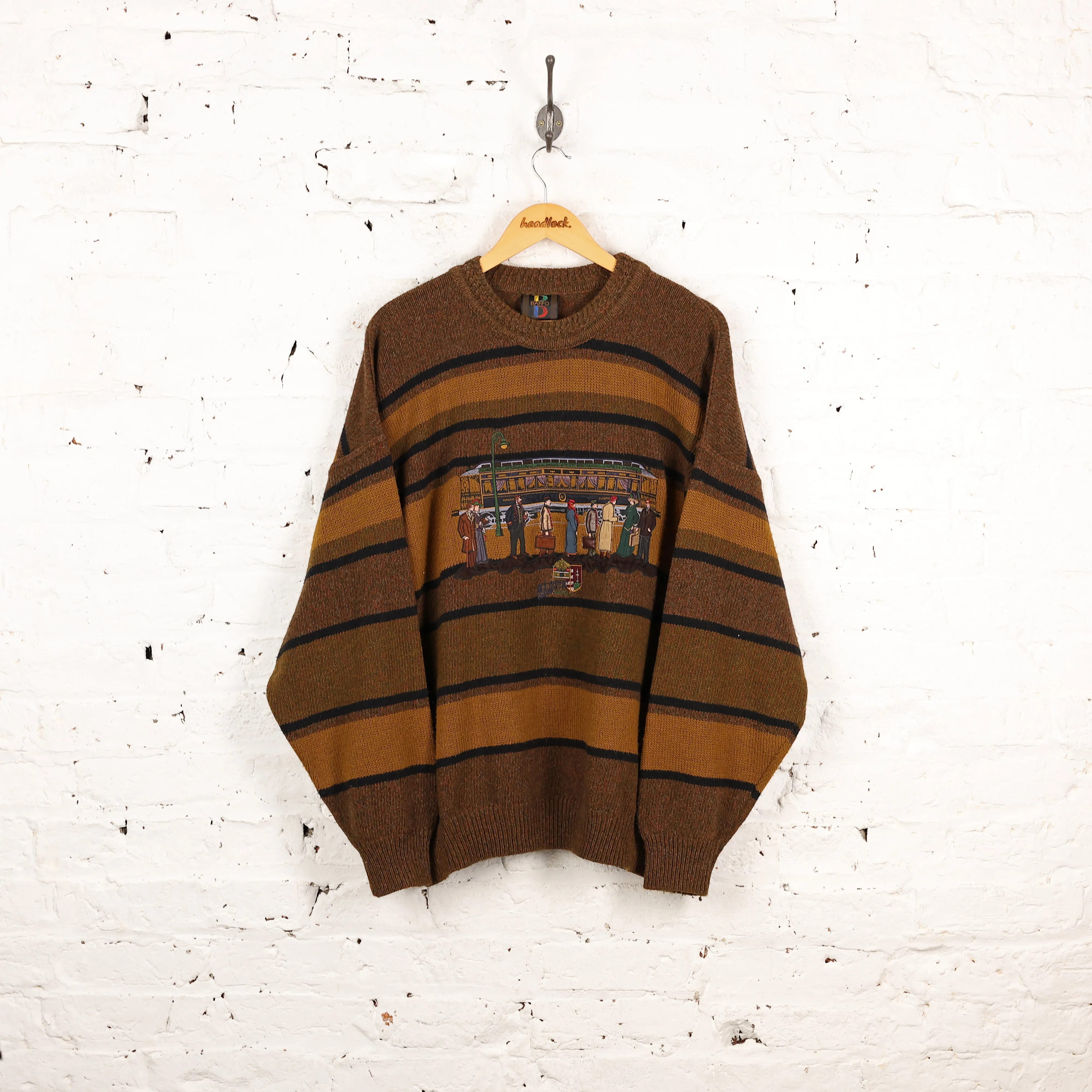 90s Striped Train Pattern Knit Jumper - Brown - XL
