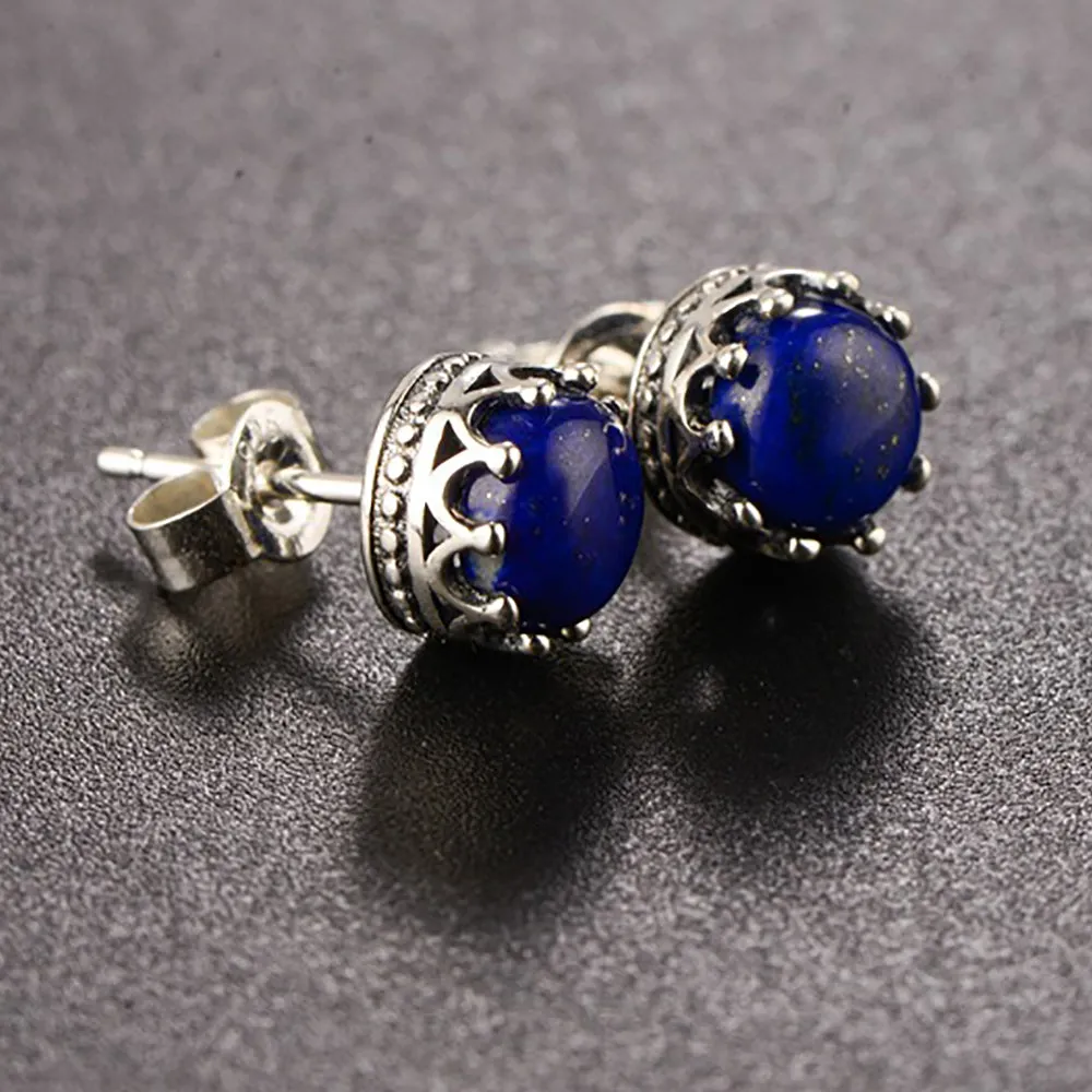 925 Sterling Silver Charm Lapis Lazuli Stud Earrings Crown Fashion Jewelry