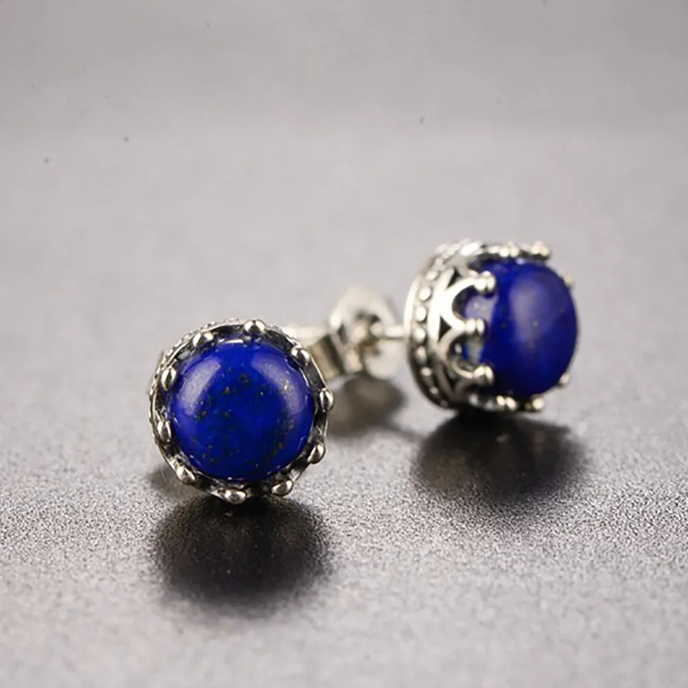 925 Sterling Silver Charm Lapis Lazuli Stud Earrings Crown Fashion Jewelry