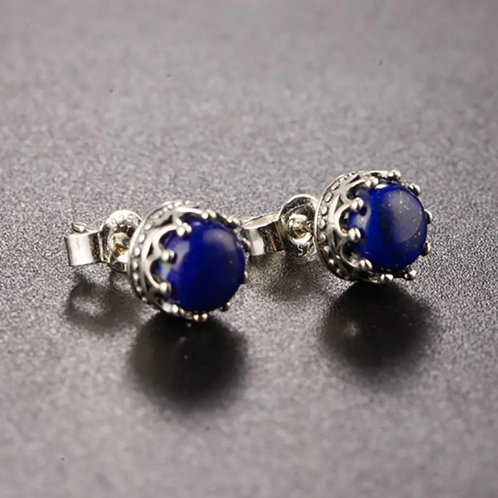 925 Sterling Silver Charm Lapis Lazuli Stud Earrings Crown Fashion Jewelry