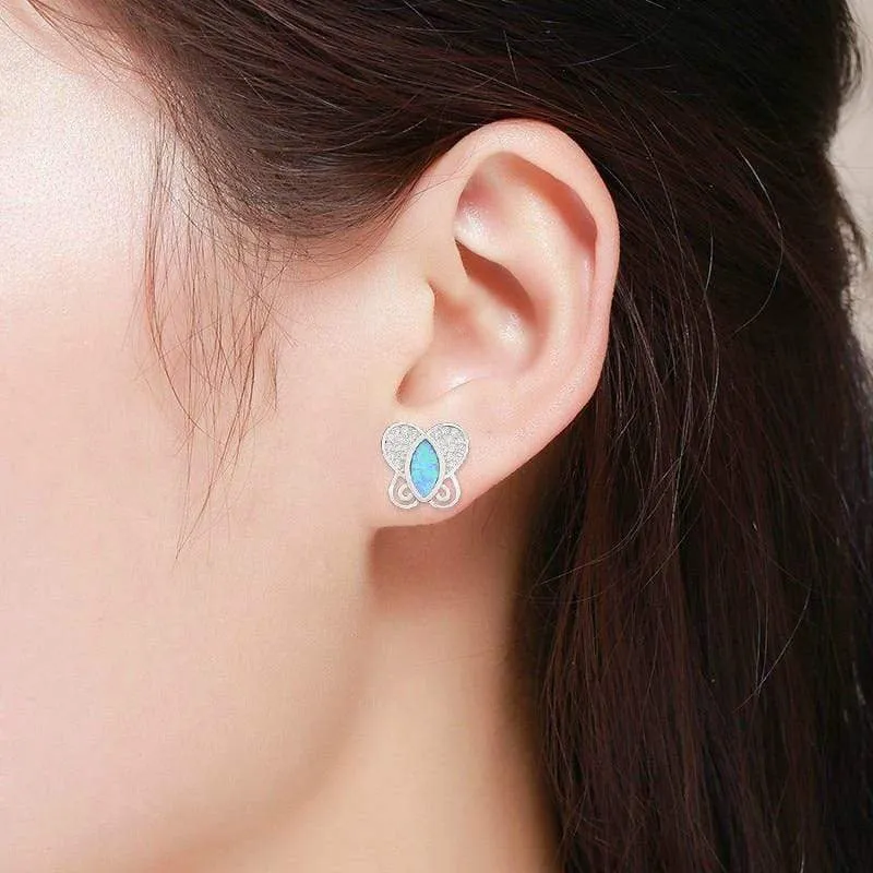 925 Sterling Silver Micro Pave Blue Fire Opal Butterfly Stud Earrings