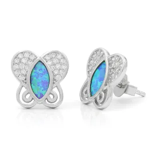 925 Sterling Silver Micro Pave Blue Fire Opal Butterfly Stud Earrings