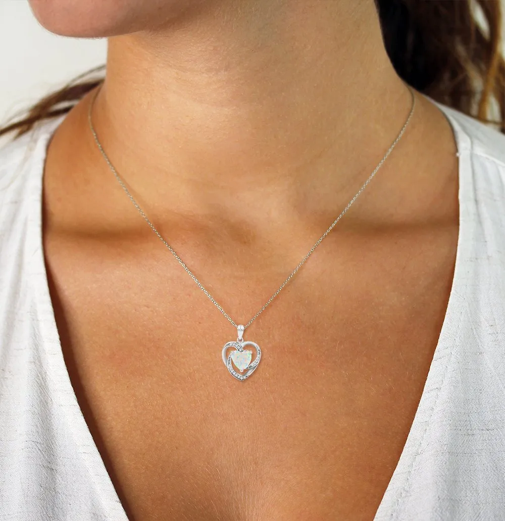 925 Sterling Silver Micro Pave White Fire Opal Heart Pendant