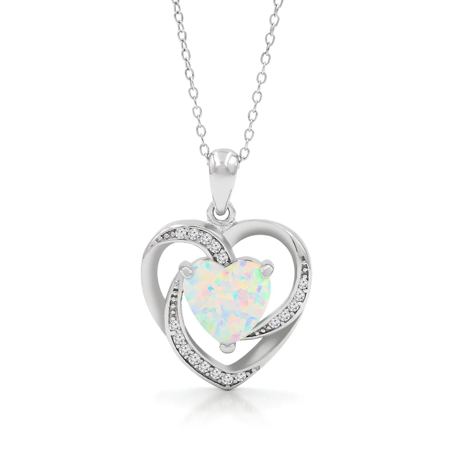 925 Sterling Silver Micro Pave White Fire Opal Heart Pendant
