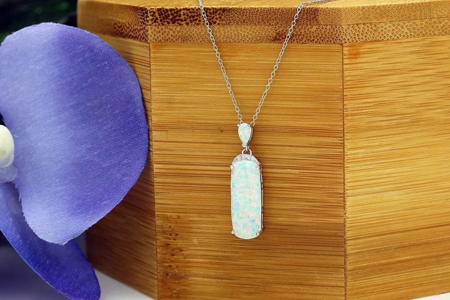 925 Sterling Silver Micro Pave White Fire Opal Oblong Necklace