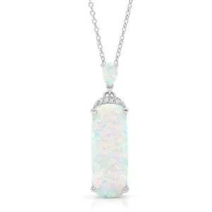 925 Sterling Silver Micro Pave White Fire Opal Oblong Necklace