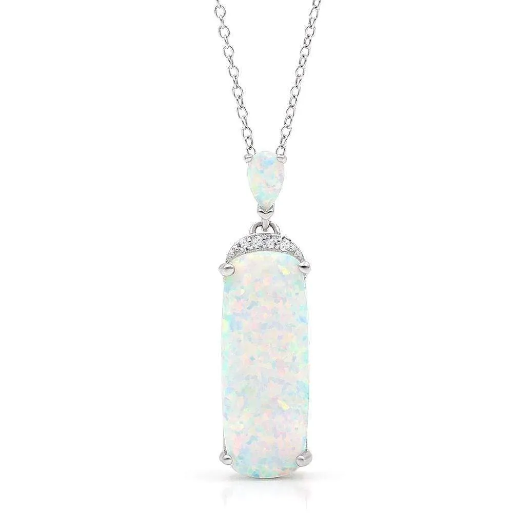 925 Sterling Silver Micro Pave White Fire Opal Oblong Necklace