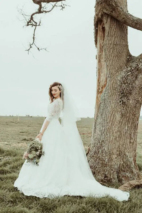 A-line Lace Half Sleeves Backless Vintage Wedding Dresses, Bridal Gown, MW776