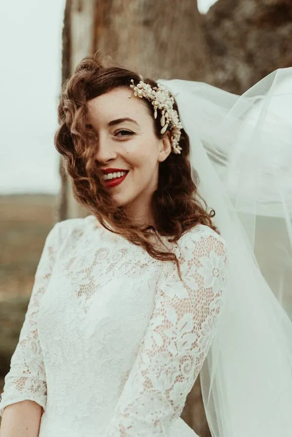A-line Lace Half Sleeves Backless Vintage Wedding Dresses, Bridal Gown, MW776
