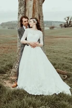 A-line Lace Half Sleeves Backless Vintage Wedding Dresses, Bridal Gown, MW776
