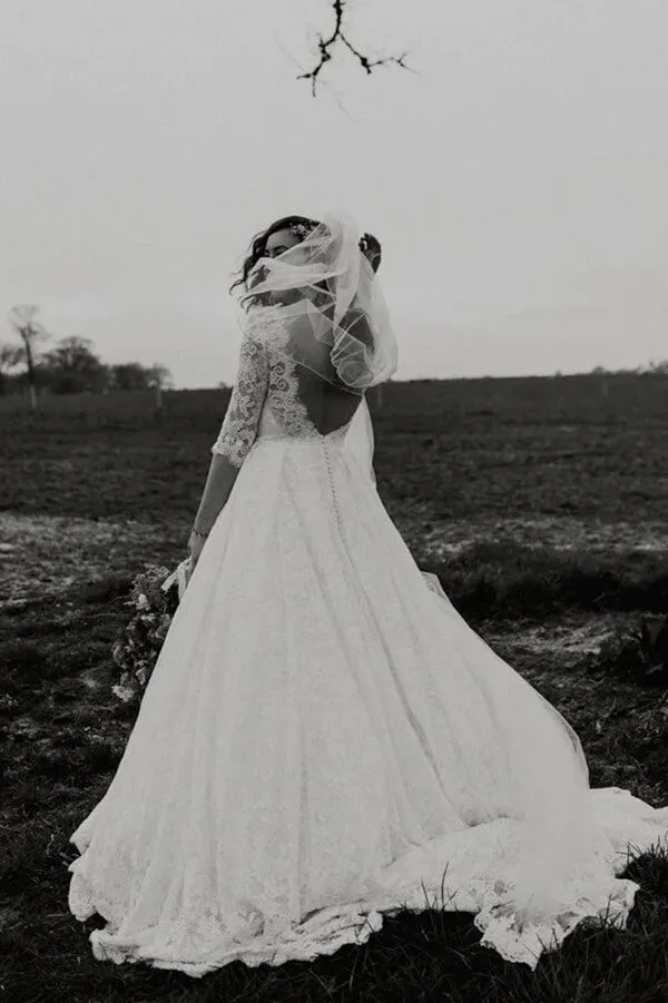 A-line Lace Half Sleeves Backless Vintage Wedding Dresses, Bridal Gown, MW776