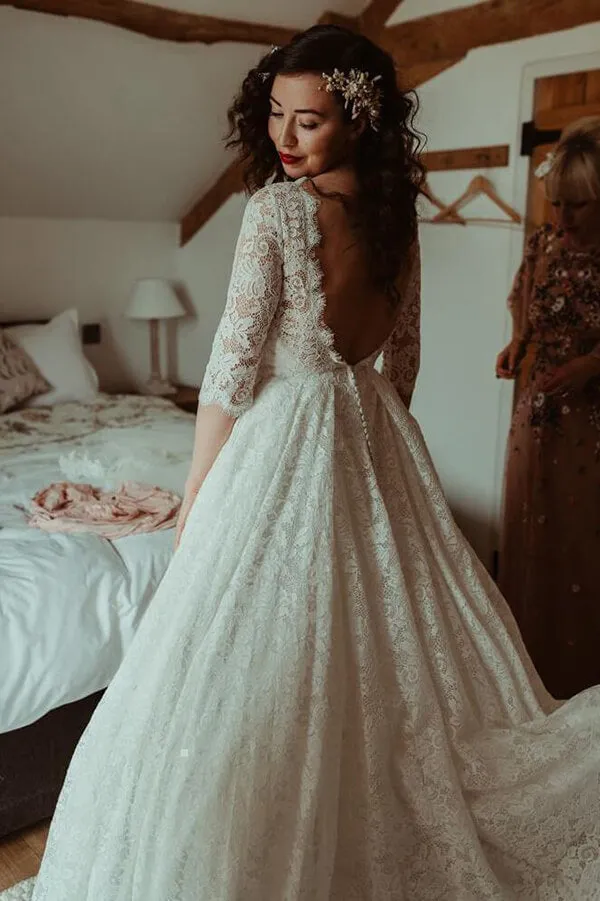 A-line Lace Half Sleeves Backless Vintage Wedding Dresses, Bridal Gown, MW776
