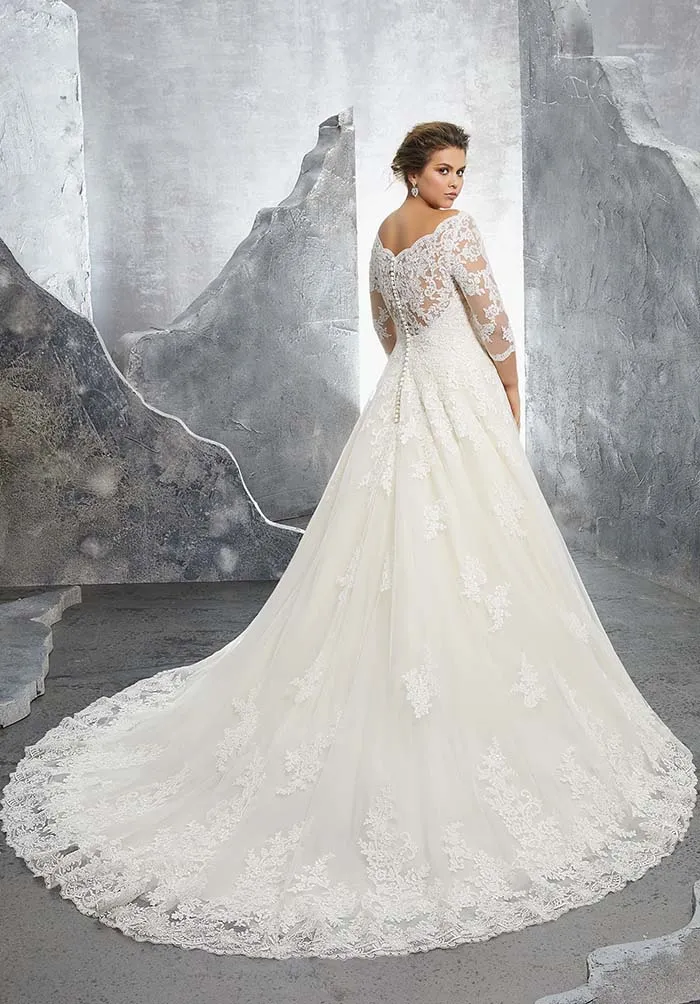 A-line Lace Wedding Dresses with 3/4 Sleeve Elegant Lace Bridal Gowns