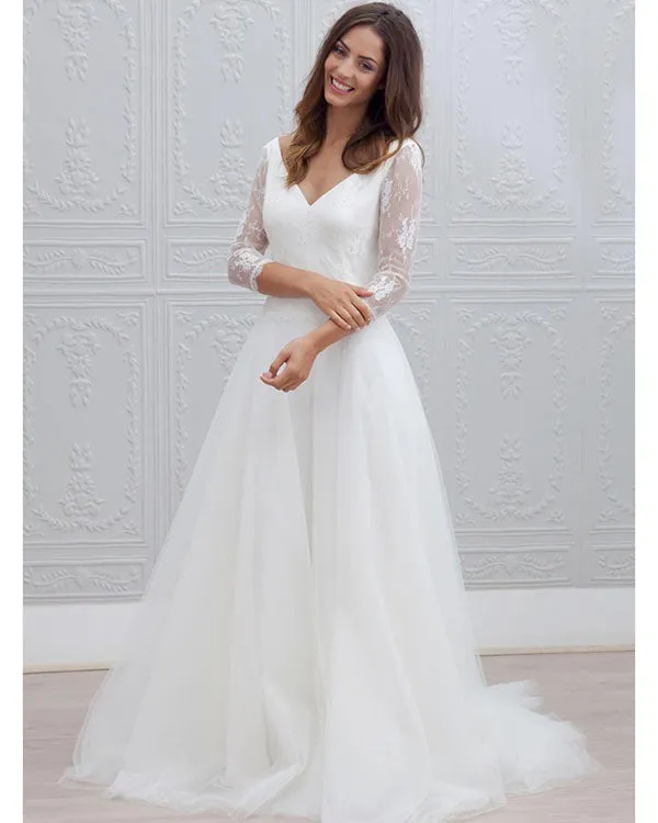 A-Line V-Neck Open Back Lace Beach Wedding Dress with 3/4 Sleeves