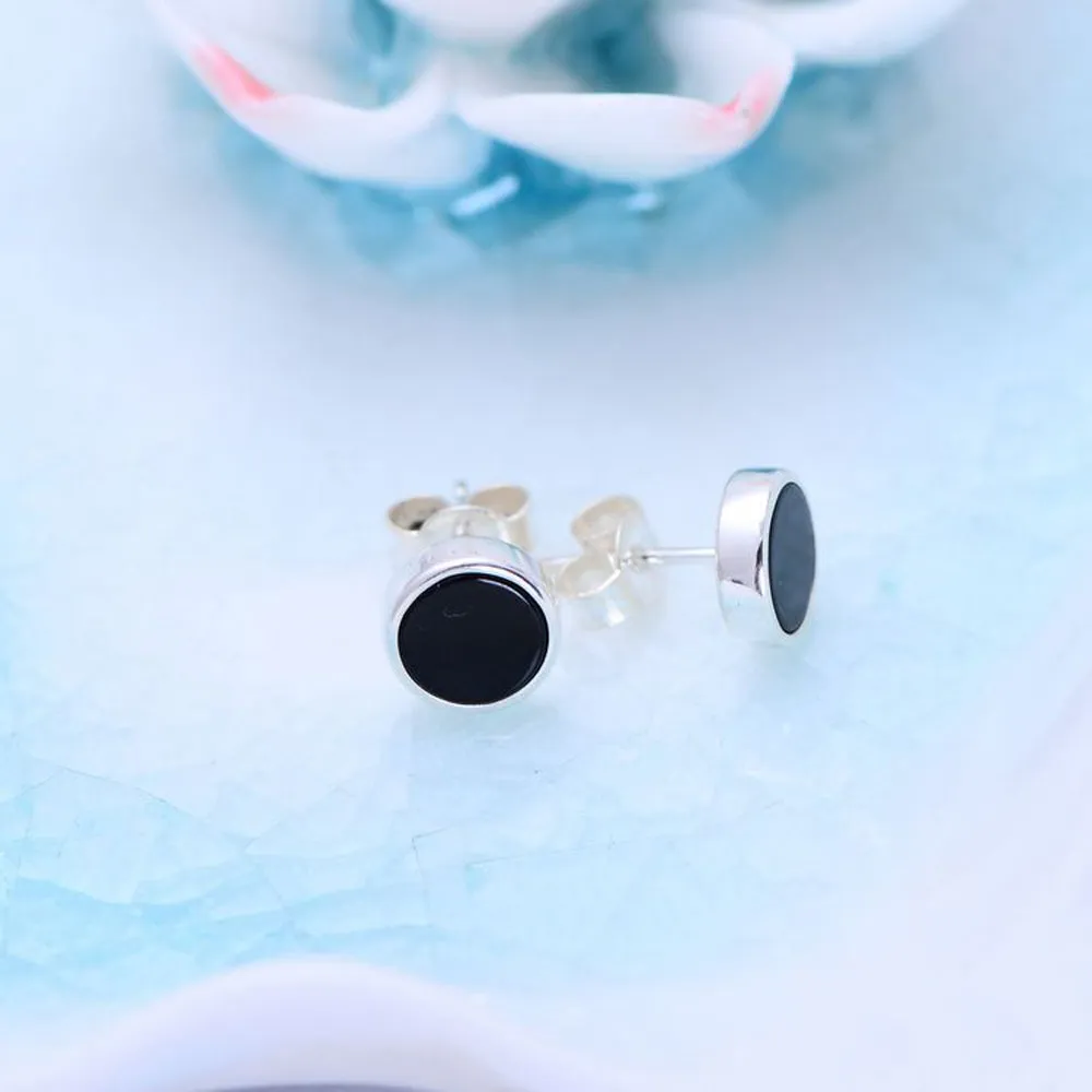 A Pair Real Solid 925 Sterling Silver Earrings Black Onyx Round Fashion Jewelry