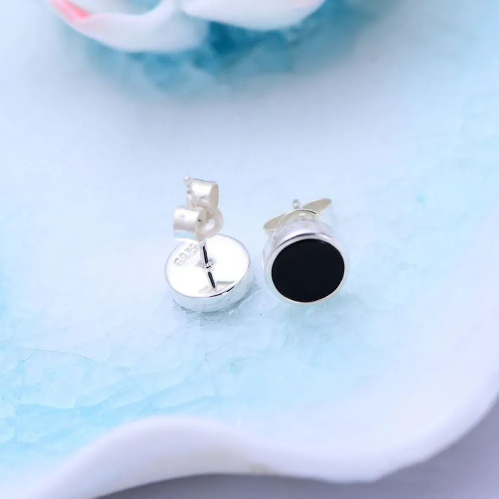 A Pair Real Solid 925 Sterling Silver Earrings Black Onyx Round Fashion Jewelry