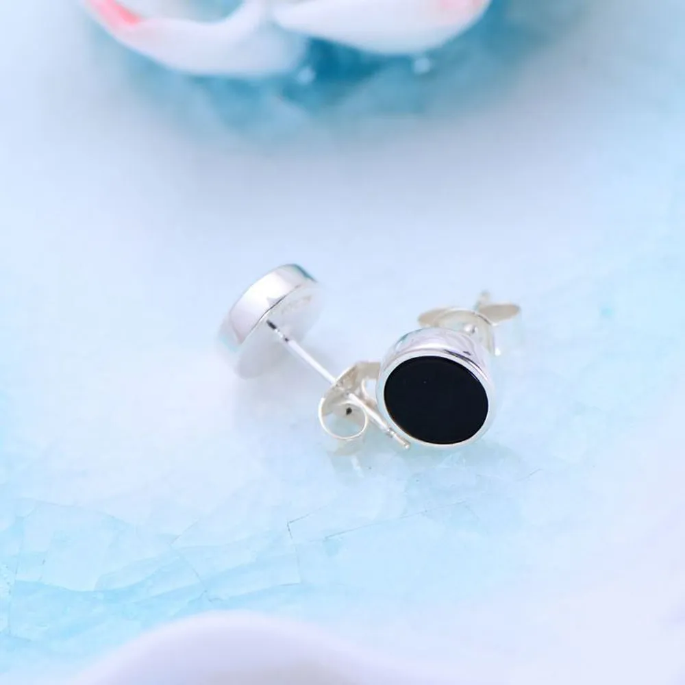 A Pair Real Solid 925 Sterling Silver Earrings Black Onyx Round Fashion Jewelry