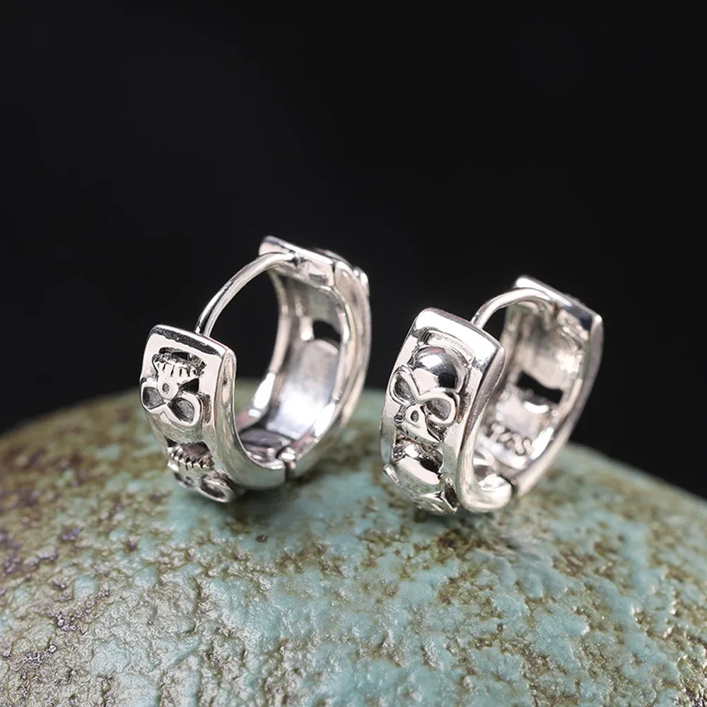 A Pair Real Solid 925 Sterling Silver Earrings C-Shape Skull Hip Hop Fashion