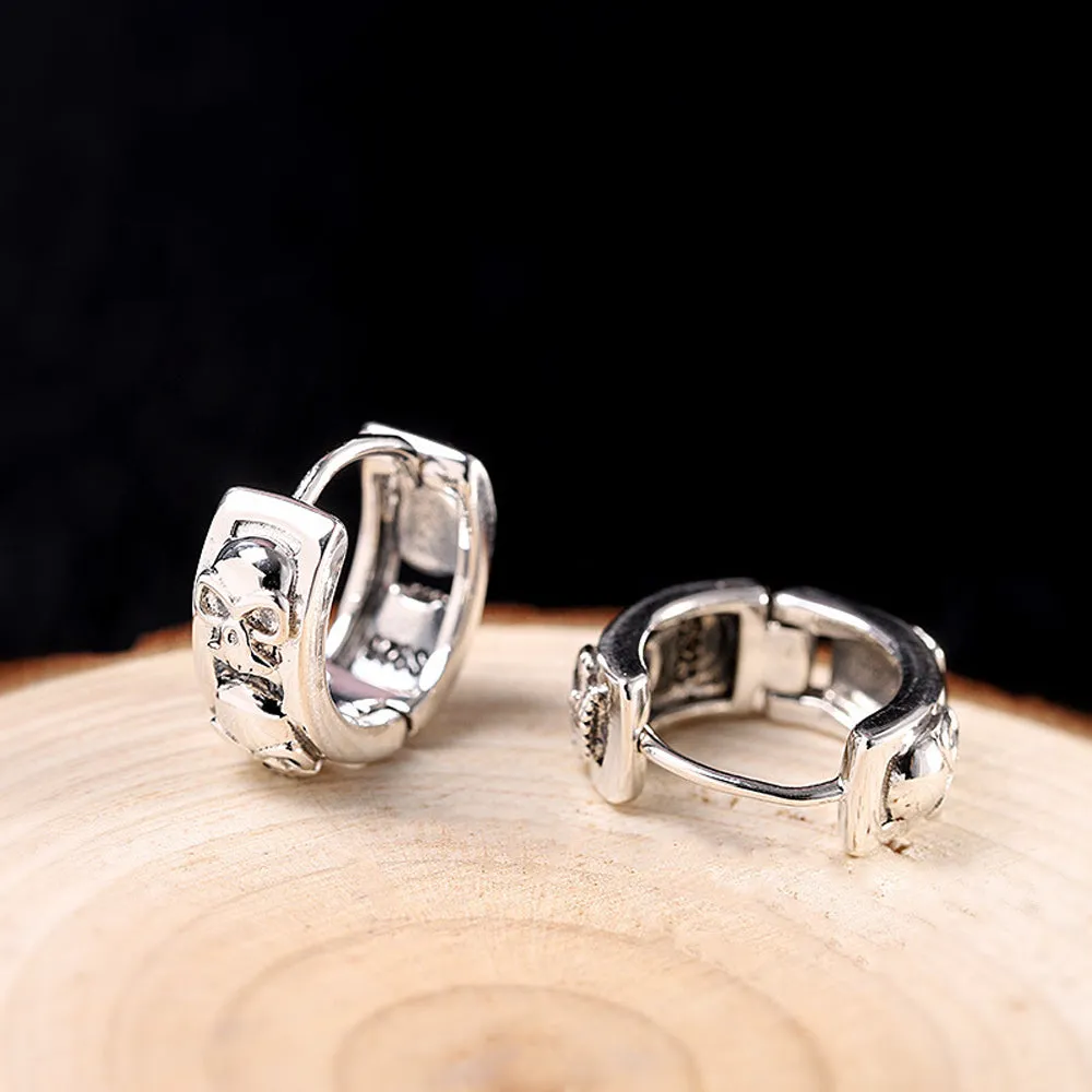 A Pair Real Solid 925 Sterling Silver Earrings C-Shape Skull Hip Hop Fashion