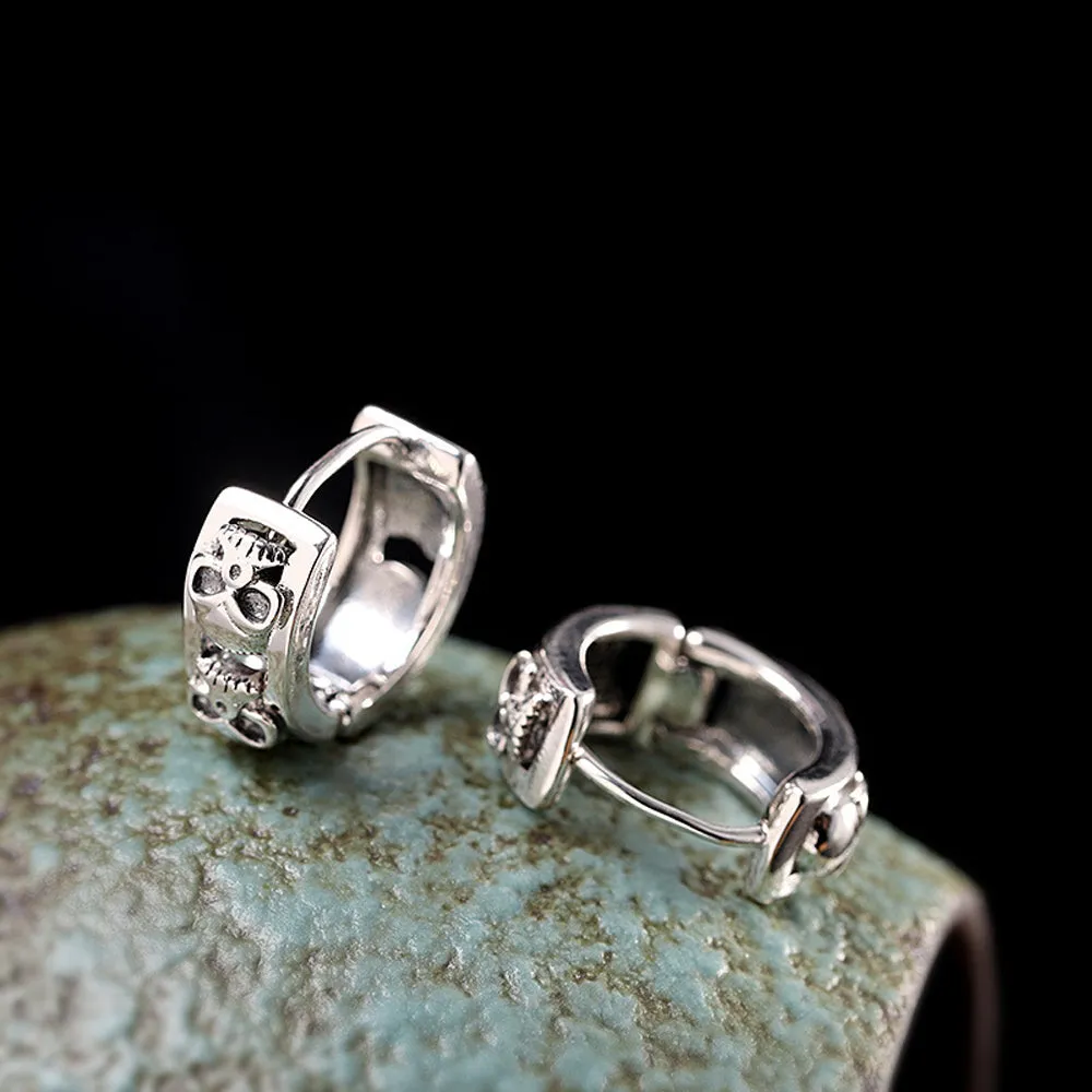 A Pair Real Solid 925 Sterling Silver Earrings C-Shape Skull Hip Hop Fashion
