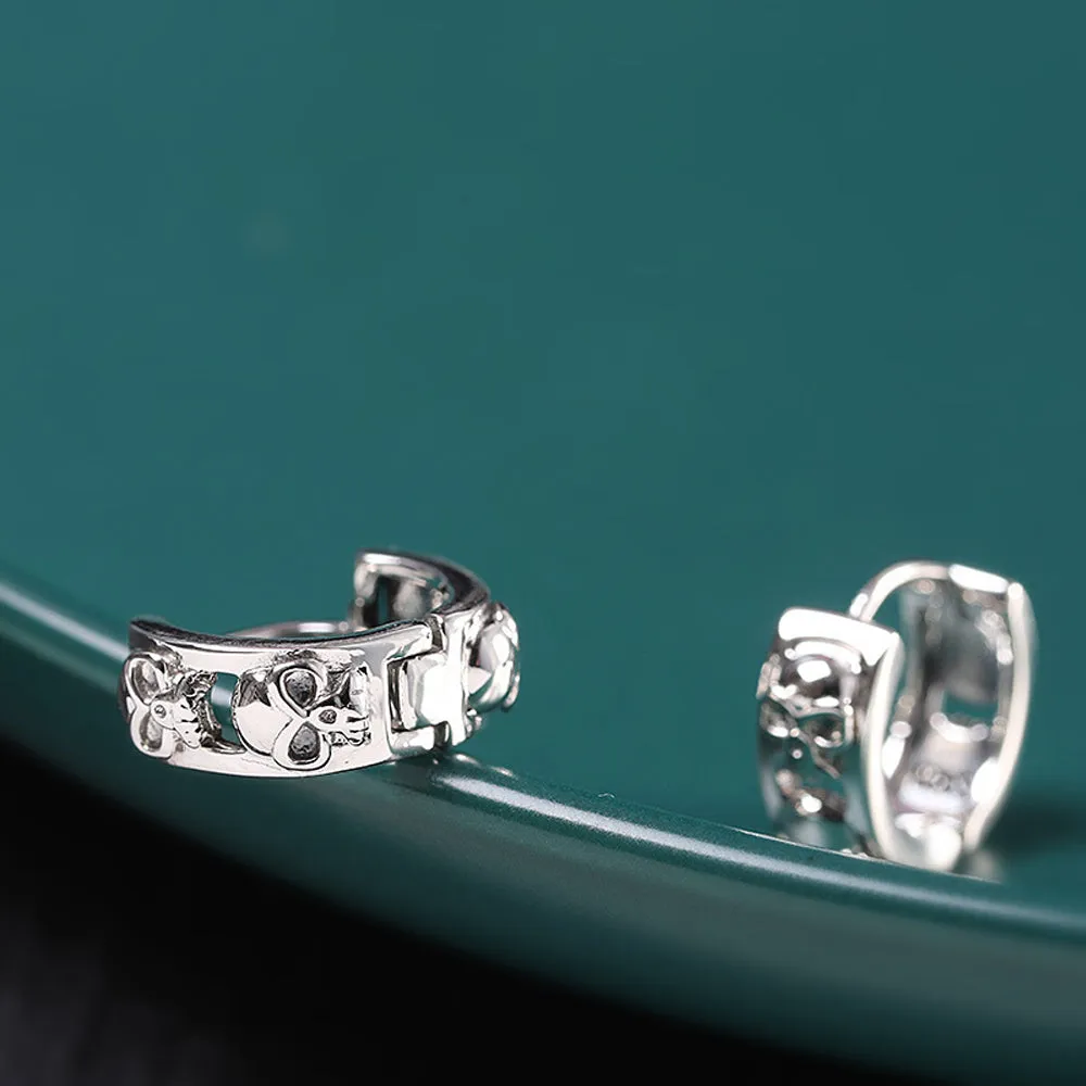 A Pair Real Solid 925 Sterling Silver Earrings C-Shape Skull Hip Hop Fashion