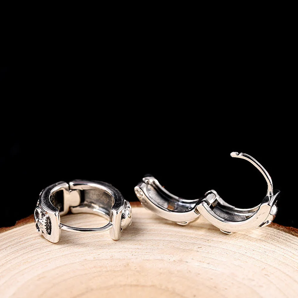 A Pair Real Solid 925 Sterling Silver Earrings C-Shape Skull Hip Hop Fashion
