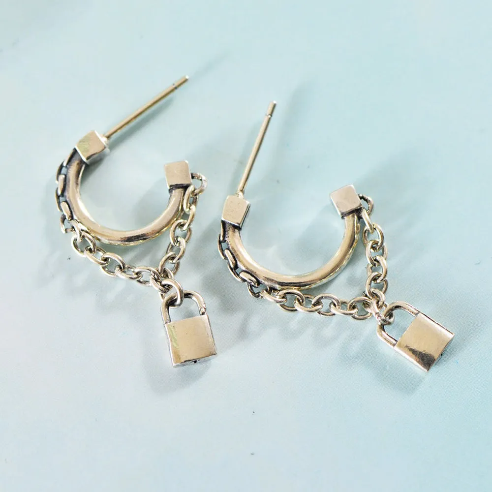 A Pair Real Solid 925 Sterling Silver Earrings Lock C-Shape Chain Fashion
