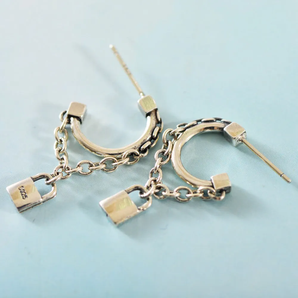 A Pair Real Solid 925 Sterling Silver Earrings Lock C-Shape Chain Fashion