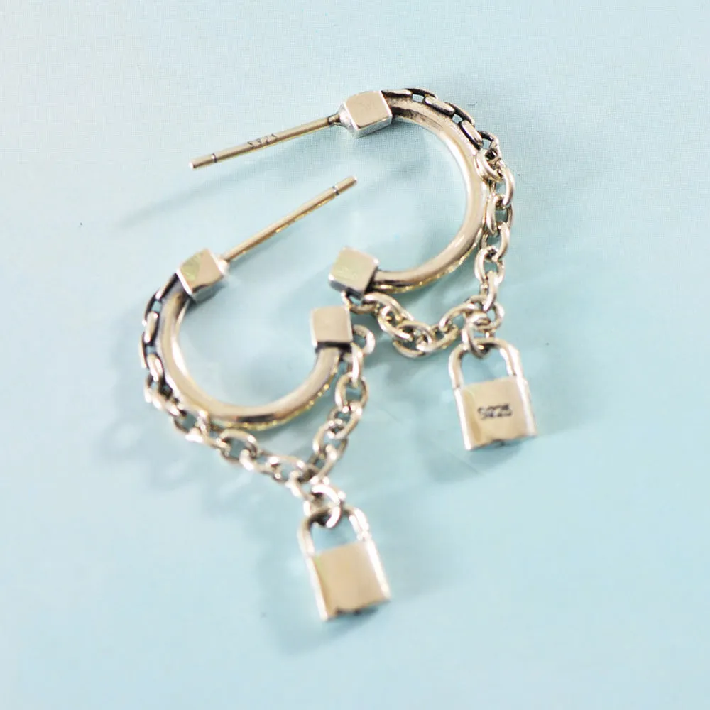 A Pair Real Solid 925 Sterling Silver Earrings Lock C-Shape Chain Fashion