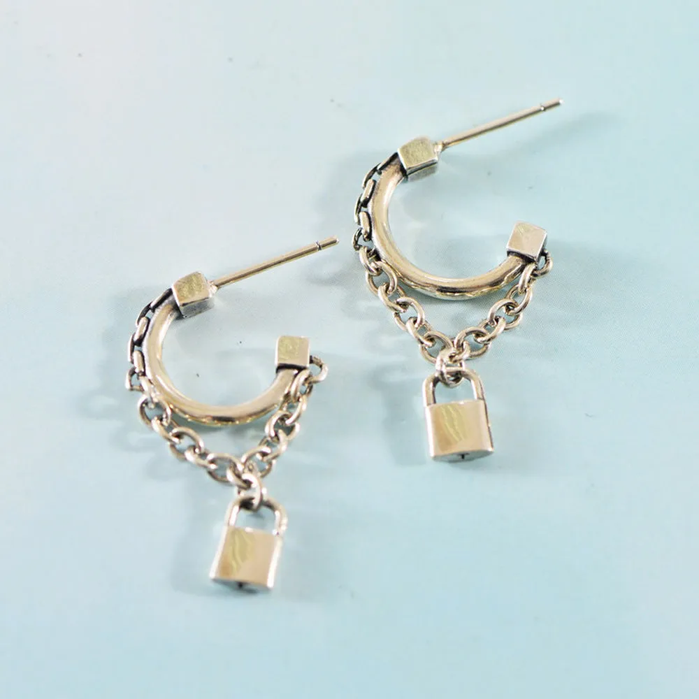 A Pair Real Solid 925 Sterling Silver Earrings Lock C-Shape Chain Fashion