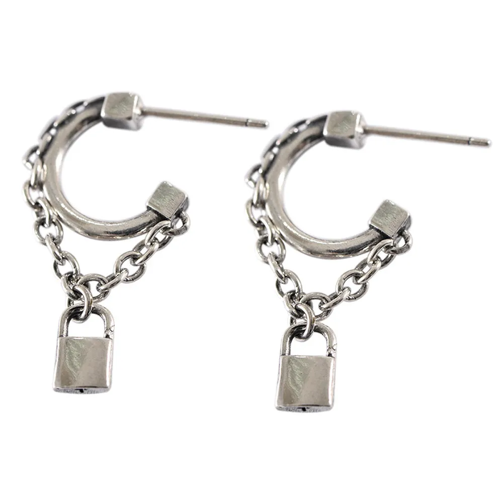 A Pair Real Solid 925 Sterling Silver Earrings Lock C-Shape Chain Fashion