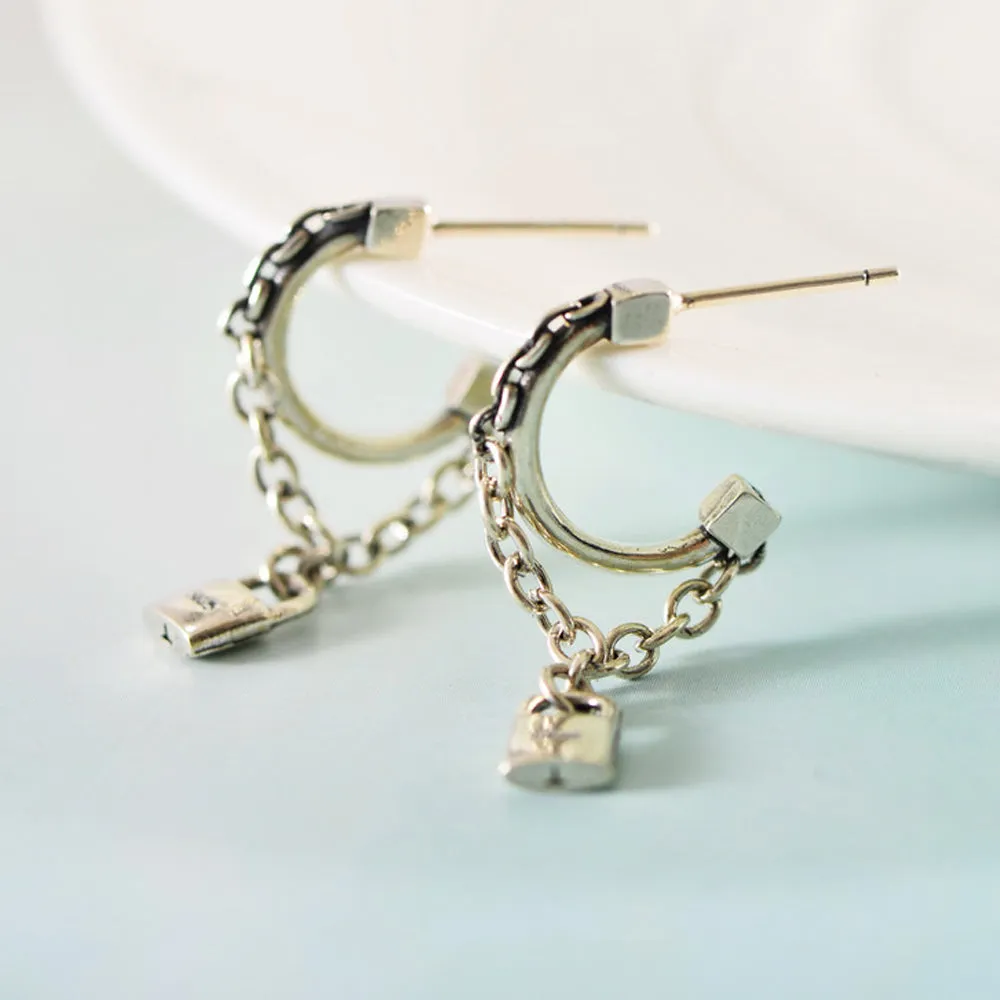 A Pair Real Solid 925 Sterling Silver Earrings Lock C-Shape Chain Fashion