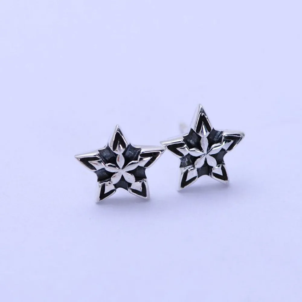 A Pair Real Solid 925 Sterling Silver Earrings Pentagram Star Fashion Jewelry
