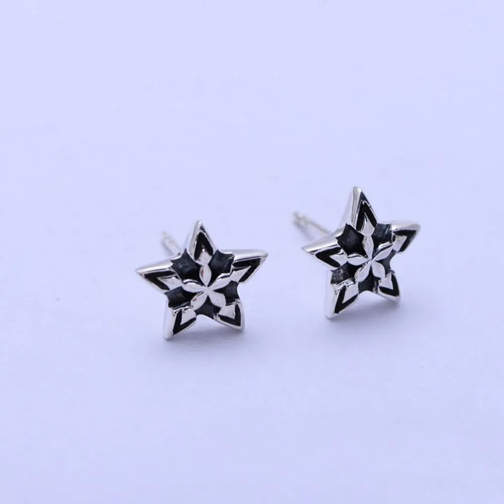 A Pair Real Solid 925 Sterling Silver Earrings Pentagram Star Fashion Jewelry