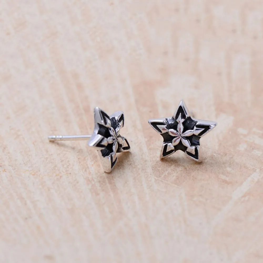 A Pair Real Solid 925 Sterling Silver Earrings Pentagram Star Fashion Jewelry