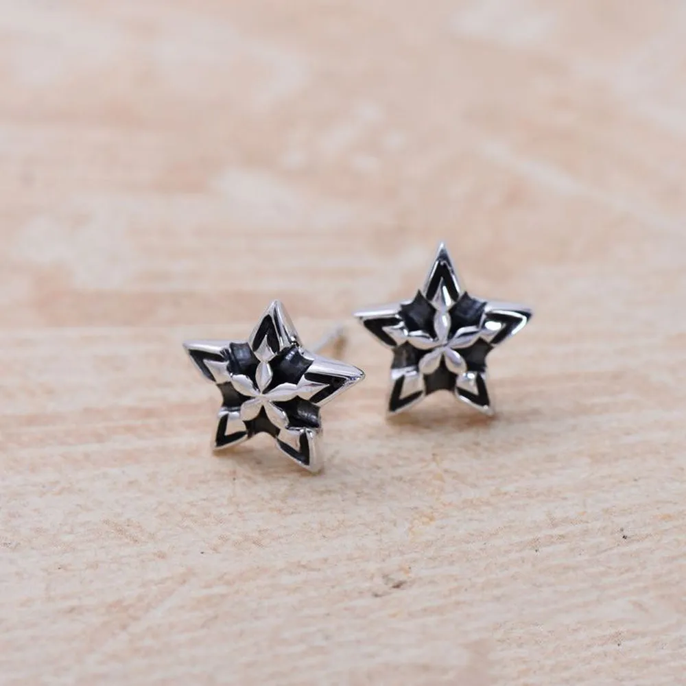 A Pair Real Solid 925 Sterling Silver Earrings Pentagram Star Fashion Jewelry