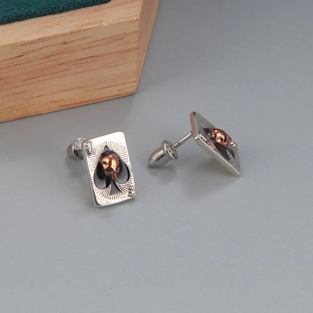 A Pair Real Solid 925 Sterling Silver Earrings Skull Poker Spade Fashion