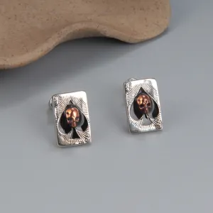 A Pair Real Solid 925 Sterling Silver Earrings Skull Poker Spade Fashion