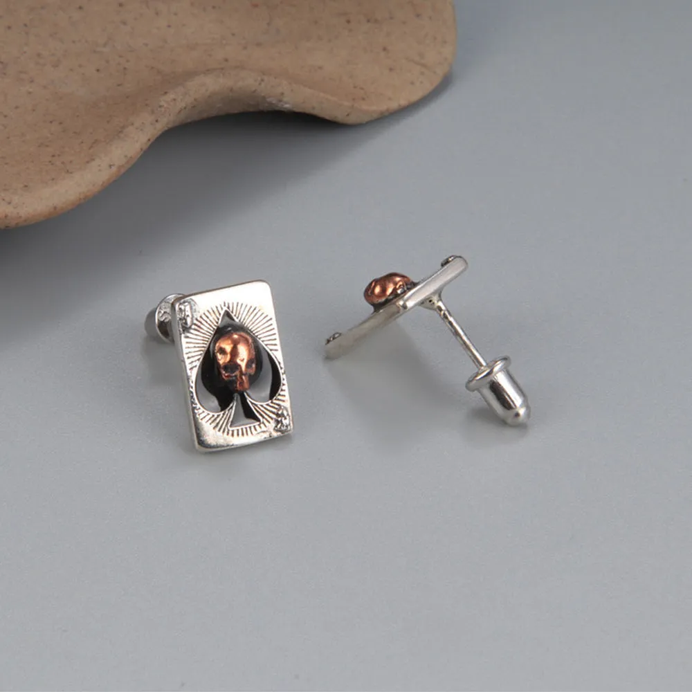 A Pair Real Solid 925 Sterling Silver Earrings Skull Poker Spade Fashion