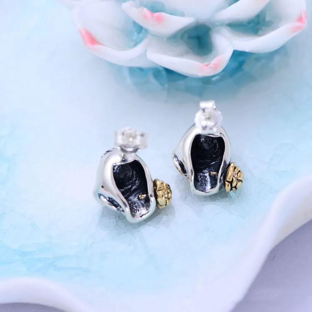 A Pair Real Solid 925 Sterling Silver Earrings Skull Rose Flower Fashion