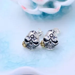 A Pair Real Solid 925 Sterling Silver Earrings Skull Rose Flower Fashion