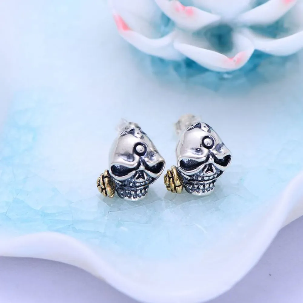 A Pair Real Solid 925 Sterling Silver Earrings Skull Rose Flower Fashion