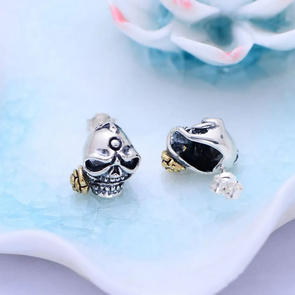 A Pair Real Solid 925 Sterling Silver Earrings Skull Rose Flower Fashion