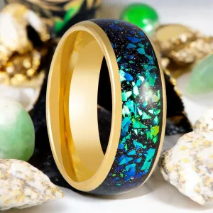 ABALUX | Gold Tungsten Ring, Abalone Shell & Green Opal Inlay, Domed
